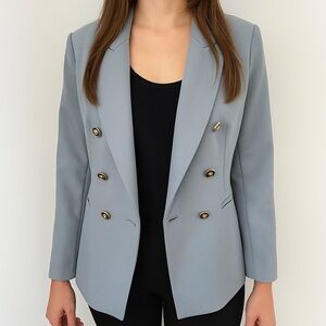 Zara Women's Blue Double Breasted Blazer with Gold/Black Buttons.